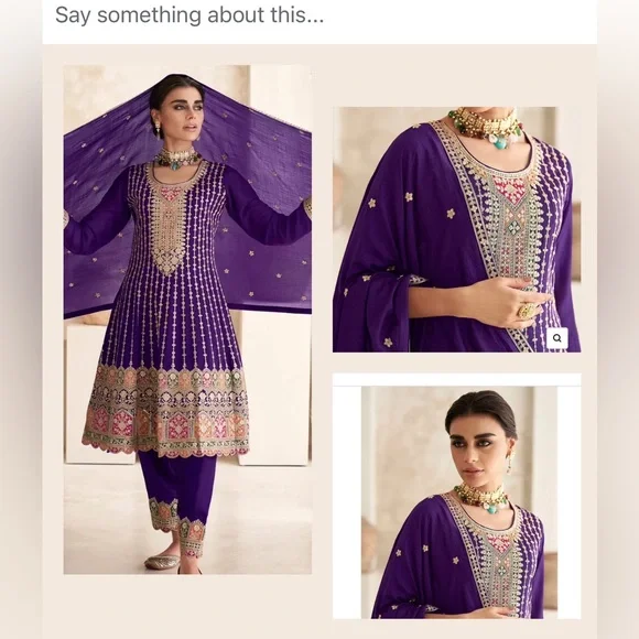 Woman salwar Chinnon Silk Party Wear  Embroidered Suit 44 XXl - Picture 3 of 12